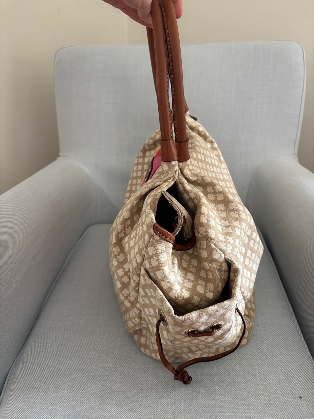kate spade Beige Monogram Travel Tote with Red and Pink Center Stripe - Picture 3 of 10